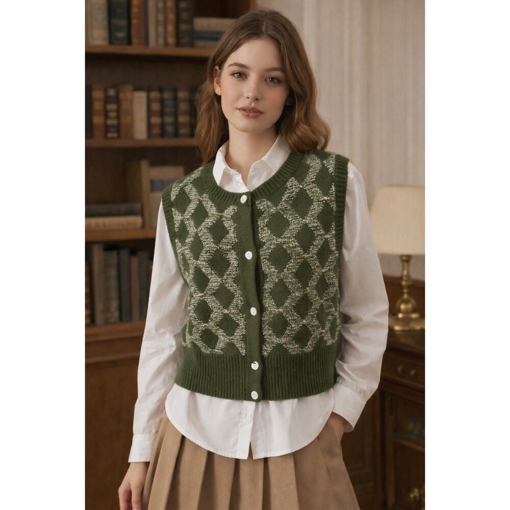 Rihoas Green Argyle Sweater Vest | Grandpacore Academia | Size L | NWT